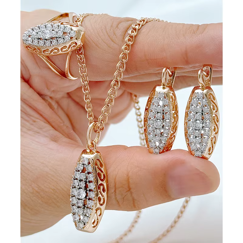 Kinel – ensemble de bijoux de mariée ethniques couleur or Rose 585, bague et boucles d'oreilles en Z