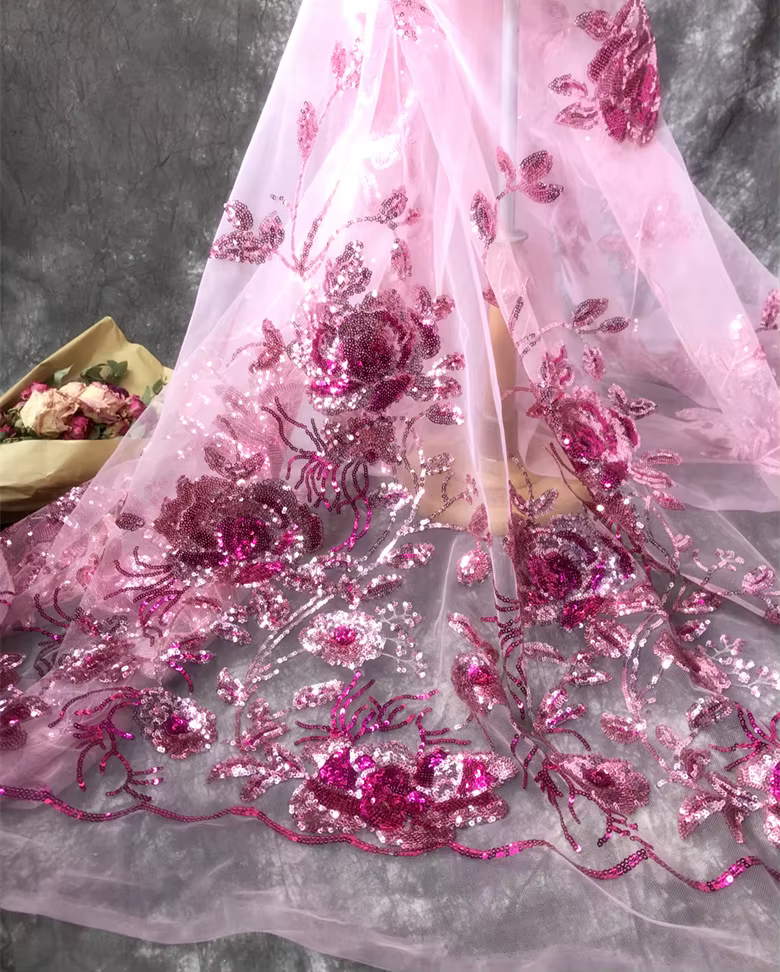 Tissu en Dentelle Brodée de Paillettes pour Robe de Mariage, Magnifique, Haut de Gamme, Fleur, Brico