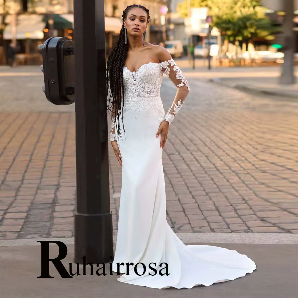 Ruhair robes De mariée modernes pour femmes Appliques hors De l'épaule bouton paillettes trompette r
