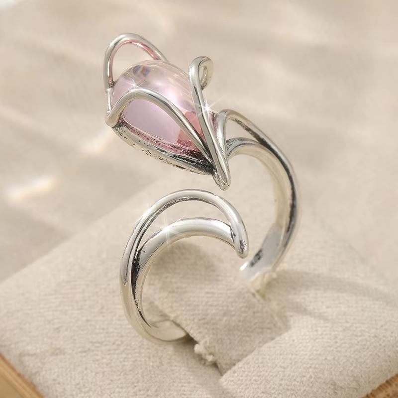 Bague de promesse élégante en forme de renard avec pierre de lune synthétique rose pour femme, acces
