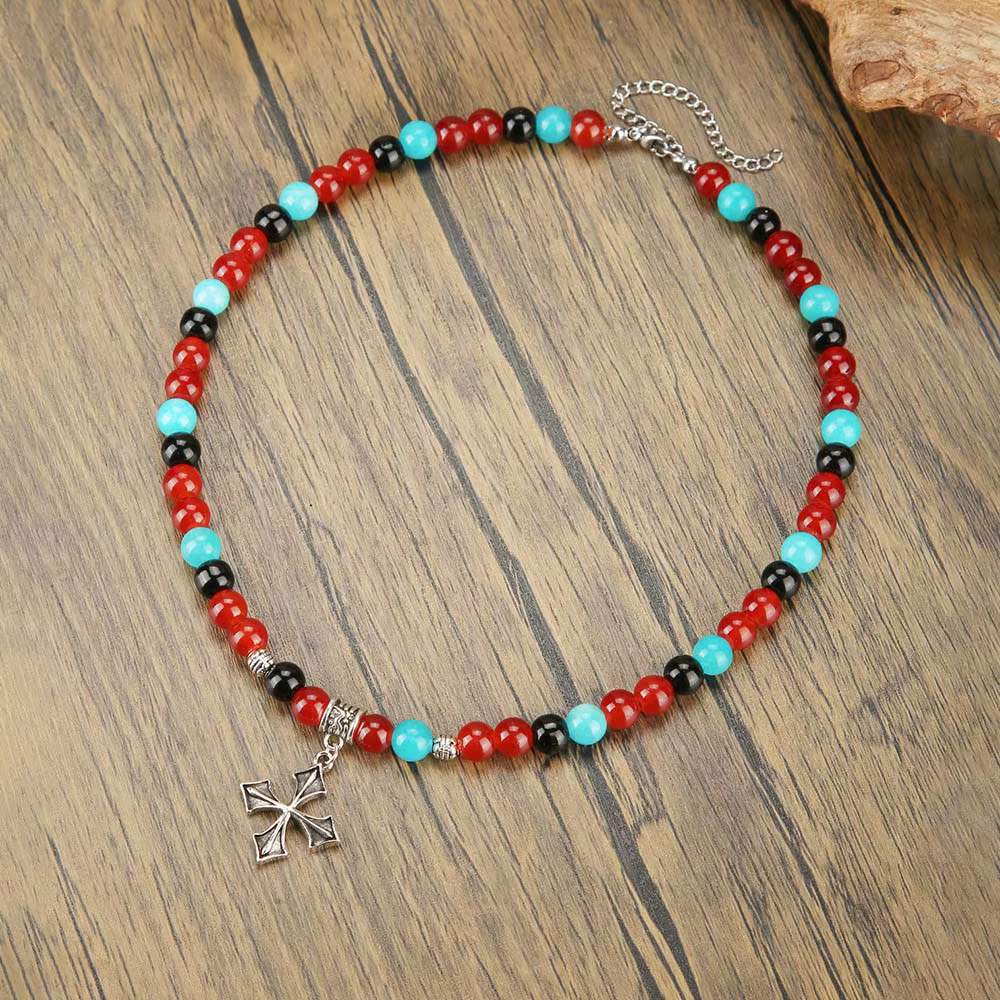 Collier Pendentif Croix Bohème d'Été pour Hommes, Bijou Tendance en Perles de Pierre, Cadeau, Chaîne