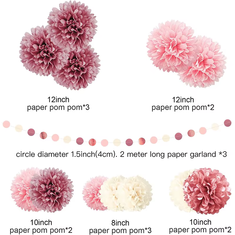 Ensemble de pompons en papier Rose poussiéreux, rose clair et or Rose – Décorations de fête élégante