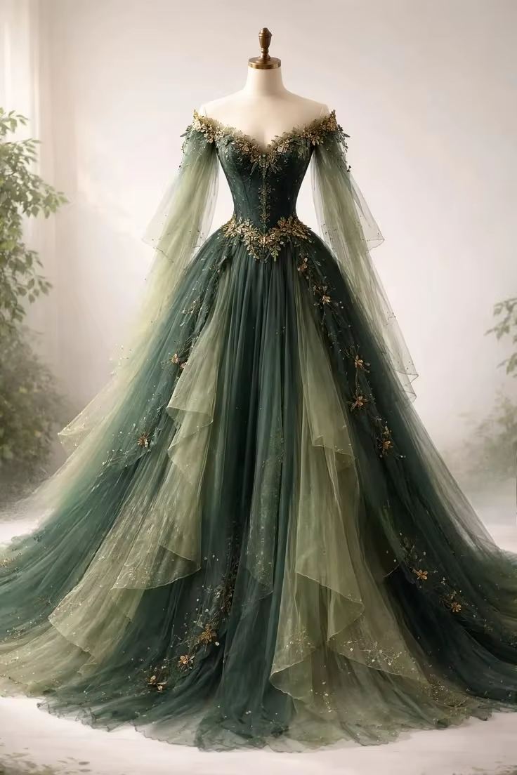 Robe de mariée vert forêt style Fairycore, glamour, épaules dénudées, avec appliqués étincelants, ro