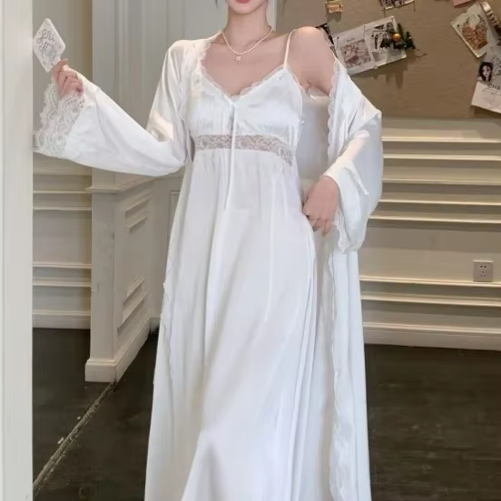 Printemps nouvelle chemise de nuit femmes mariée Robe de mariée douce dentelle Patchwork Robe ensemb