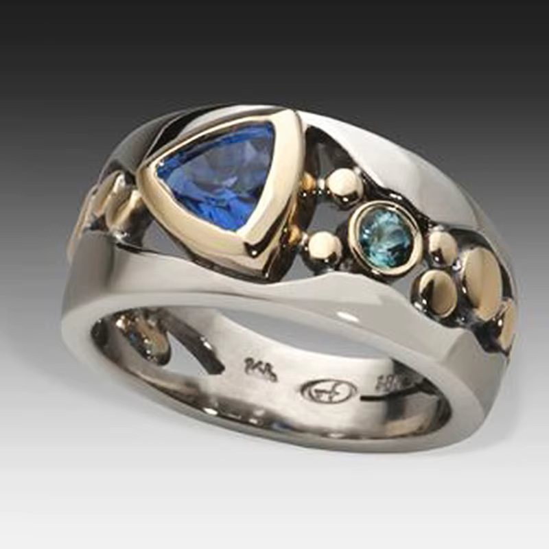Bague élégante pour femmes, couleur argent et or, creuse, incrustée de pierres bleues, bagues de fia