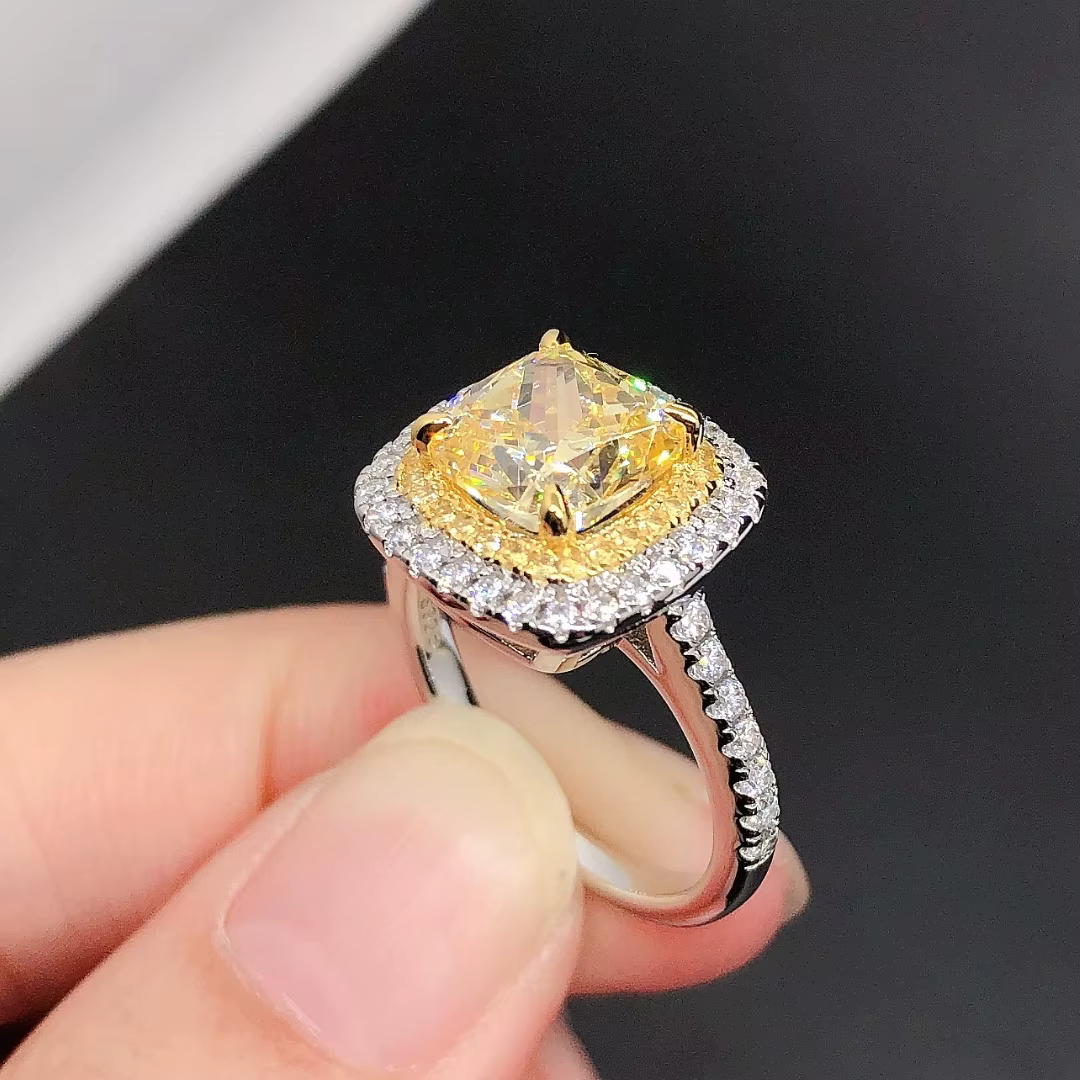 Bague en diamant jaune coupe coussin Halo pour femme, or blanc 18 carats, bijoux fins, solide, exqui