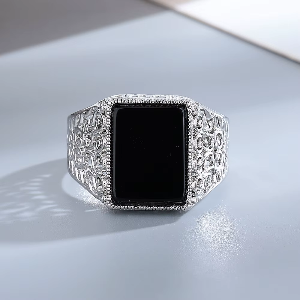 Bague en argent pour hommes et femmes, bijoux fins, pierre d'agate noire naturelle, Vintage, cadeaux