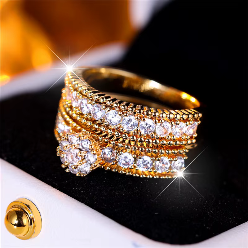 Ensemble de bagues rondes blanches de luxe pour femmes, couleur or jaune, bijoux de fiançailles, de 