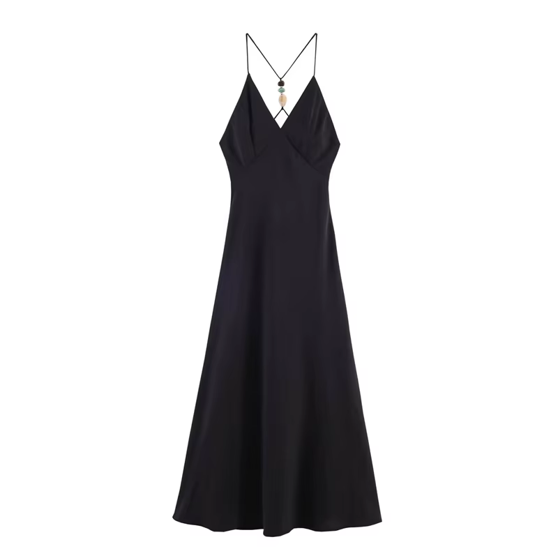 Nouvelle Arrivée 2026 : Robe Midi à Bretelles Fines Ornée de Pierres Précieuses, Tendance et Décontr