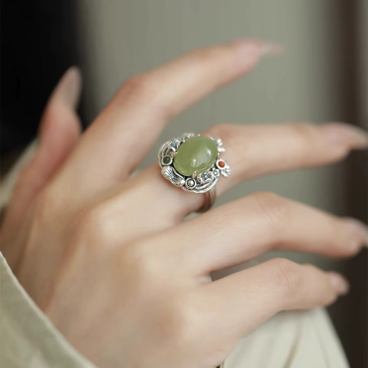 Bague ouverte en argent Sterling 925, Jade vert, fleur Vintage chinoise élégante pour femmes, bijoux