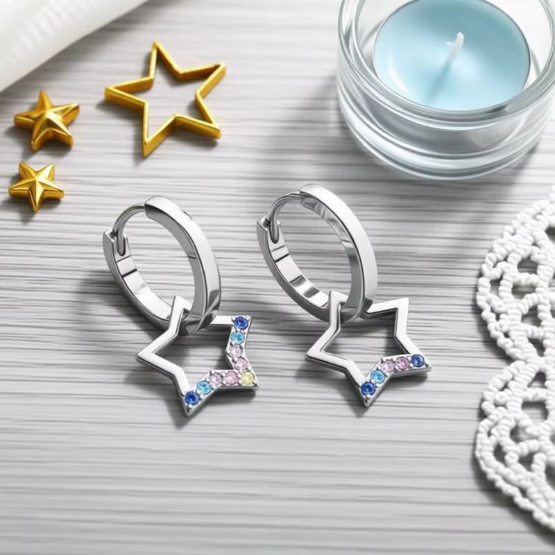 Boucles d'oreilles pendantes en argent sterling 925 avec étoiles et zircon cubique arc-en-ciel pour 