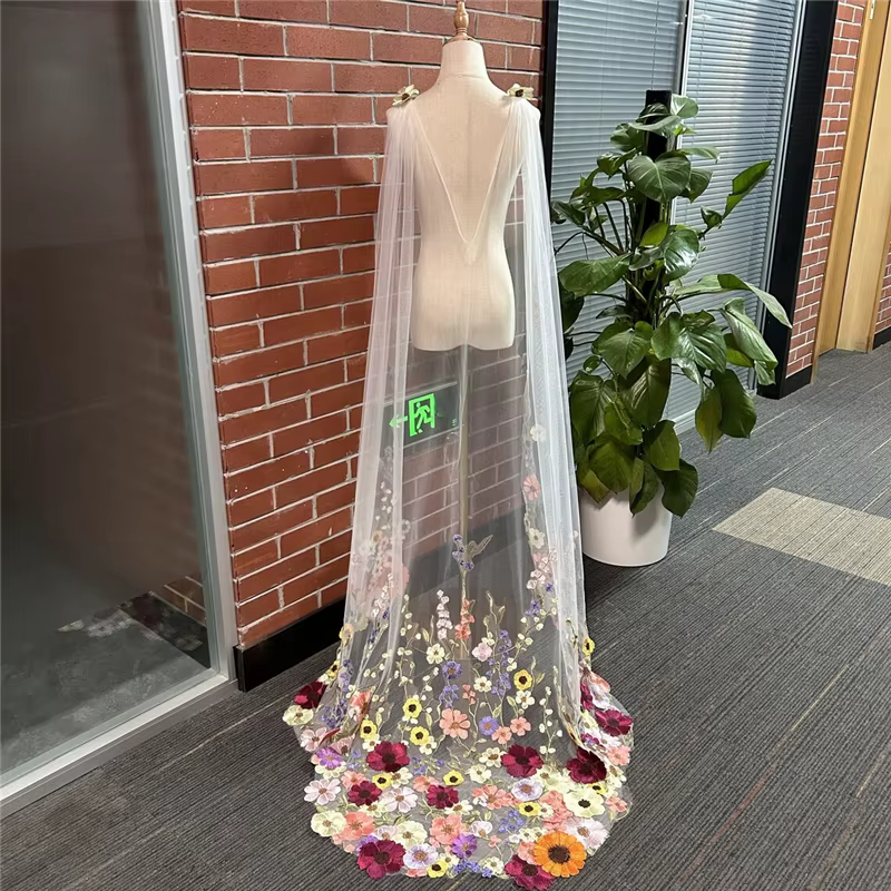 Cape de mariée florale colorée 3 D, voile d'épaule pour mariées, feuilles vertes, rose, bordeaux, fl