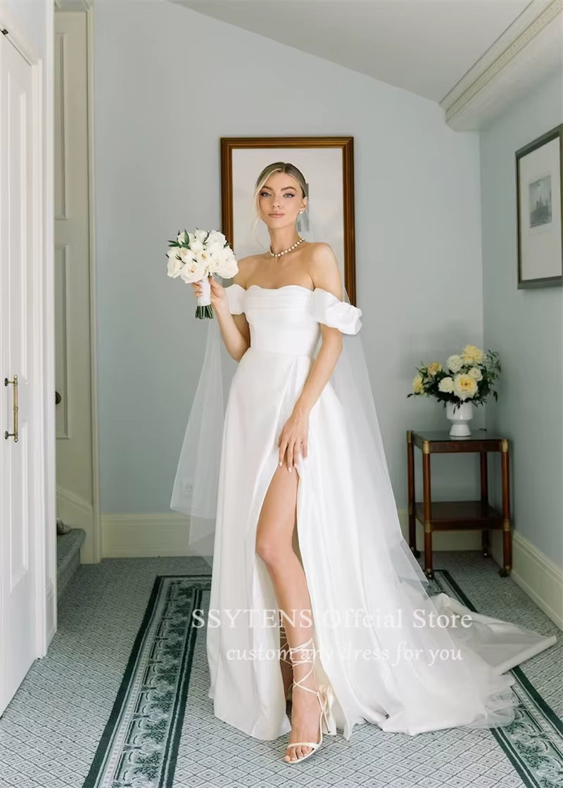 SSYTENS robes De mariée Sexy Simple Satin a-ligne robe De mariée robes De Novia fente latérale sur m