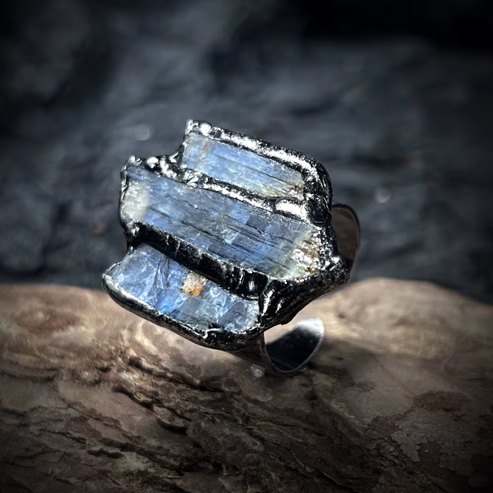 Bague en cristal bleu naturel, Design ouvert réglable, Vintage, réglage en métal brut, bijoux en pie