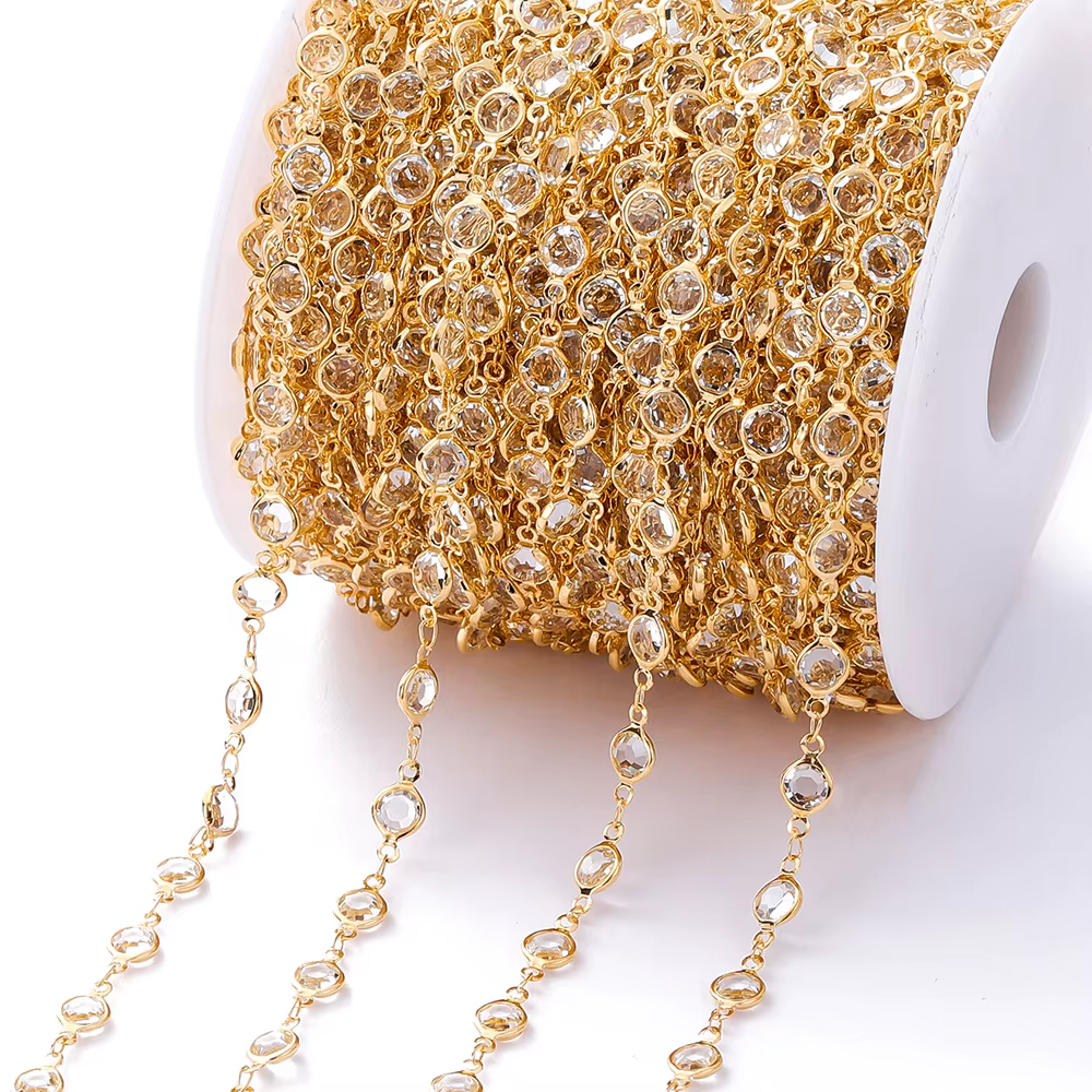 Perles de cristal colorées de 1 mètre 6mm, chaîne de perles en verre, chaîne de collier en or KC pou