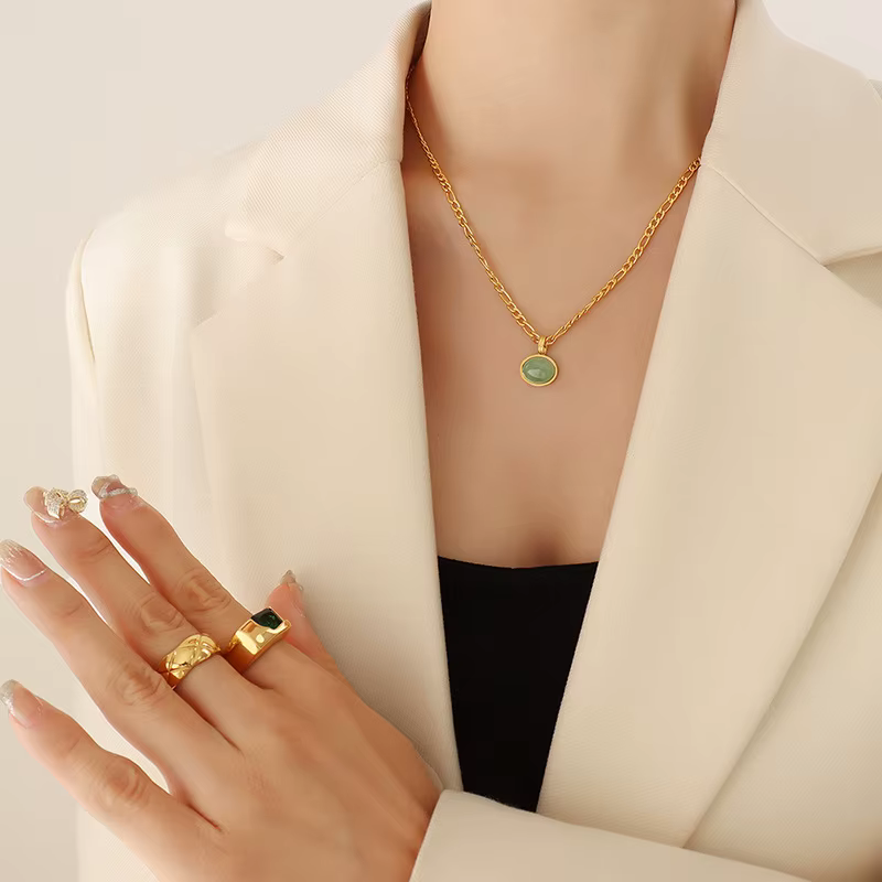 Collier et boucles d'oreilles avec pendentif Aventurine verte pour femmes, en acier inoxydable plaqu