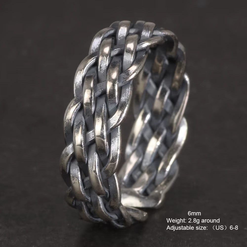 Bagues tressées en argent regardé 925 pour hommes et femmes, bijoux viking, rétro, punk, réglables