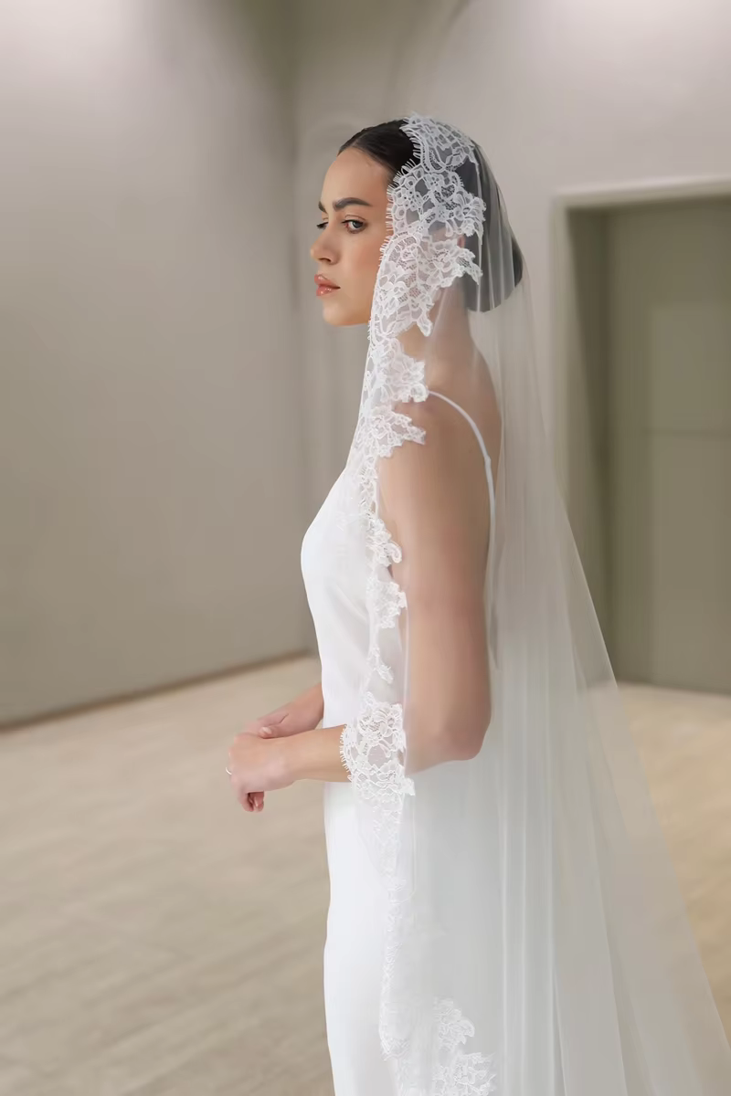 Voile en dentelle mantille, voile à un niveau pour patients avec bordure en dentelle, voile long pou