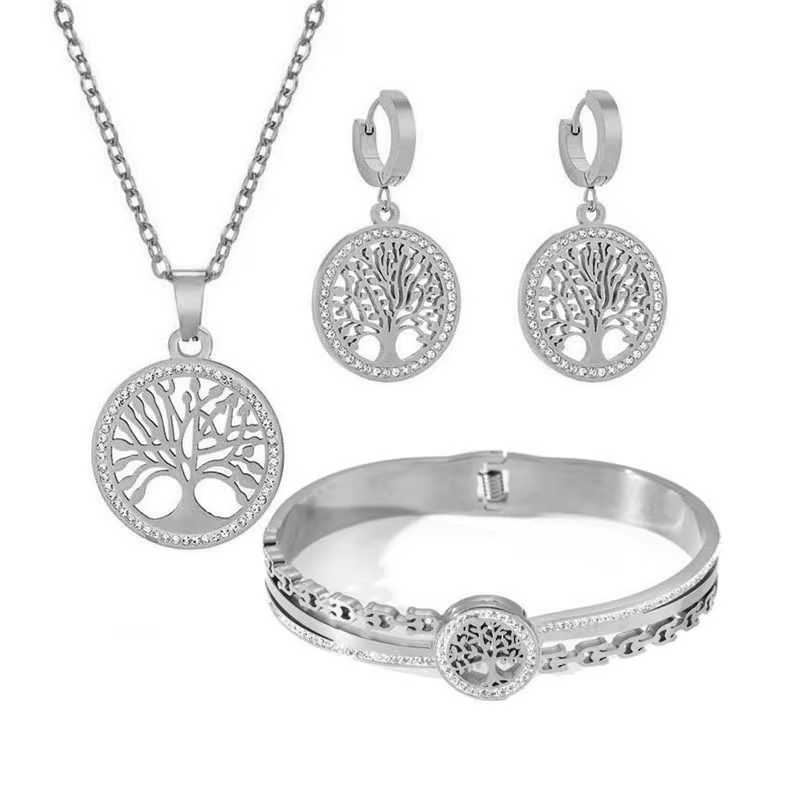 Ensemble de bijoux en acier inoxydable Arbre de Vie pour femmes, collier, boucles d'oreilles et brac