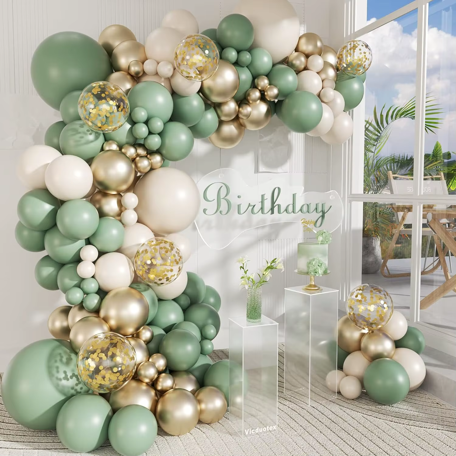Kit d'arc de ballons vert sauge et doré avec ballons blancs – Décor de mariage, de réception-cadeau 