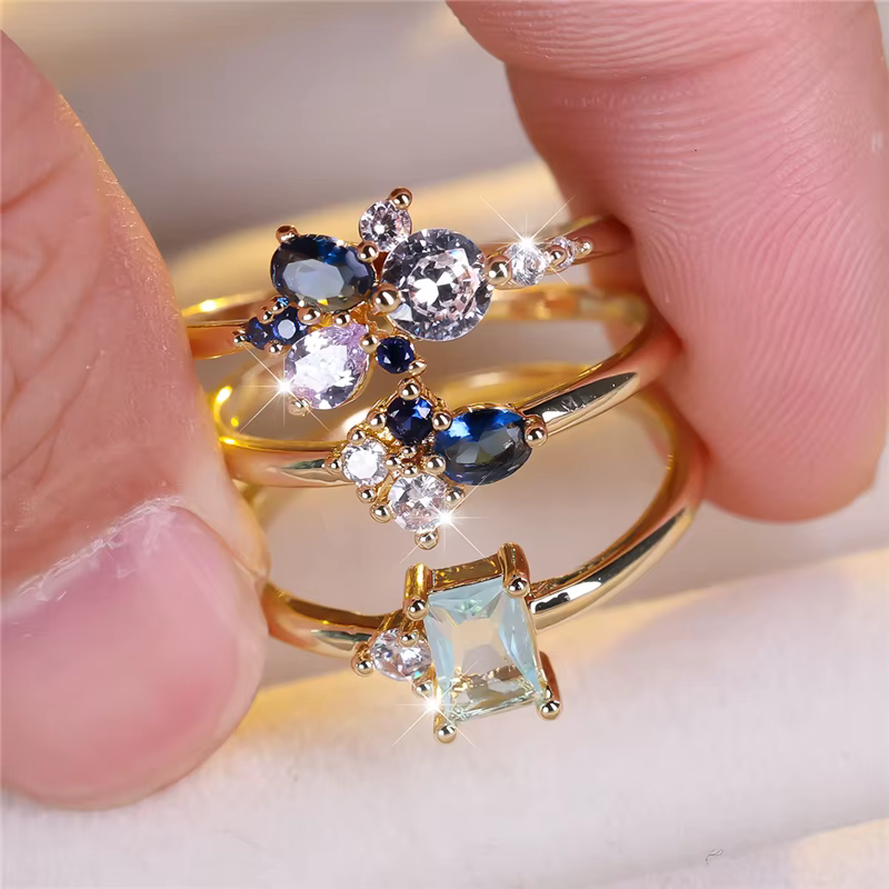 Ensemble de bagues de fiançailles de luxe pour femmes, 3 pièces, pierre de Zircon bleu blanc, mignon