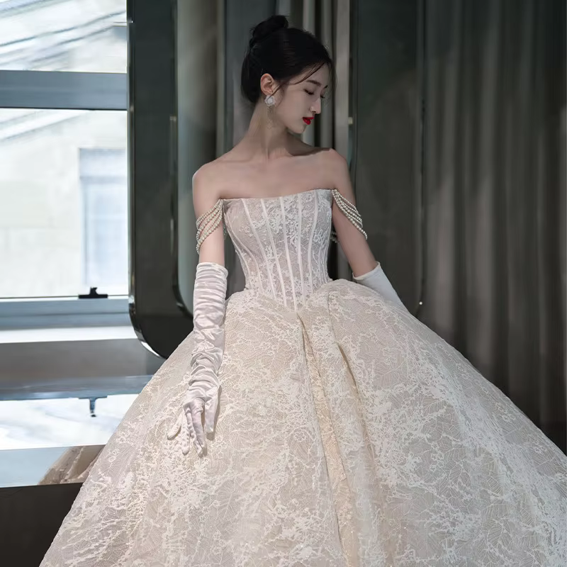 Robe de Mariée Principale Vintage, Sans Bretelles, avec Broderie de Perles en Dentelle, Style Prince