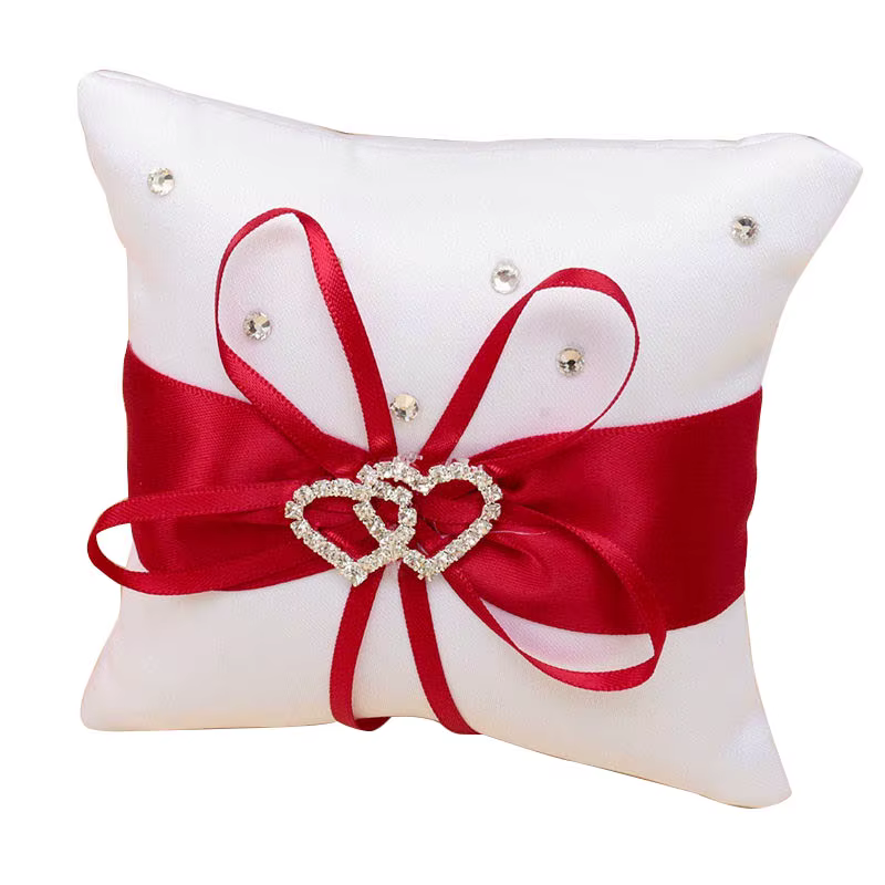 Oreiller pour Anneau de Mariage avec Rubans en Satin Rouge et Blanc, 10 cm x 10 cm