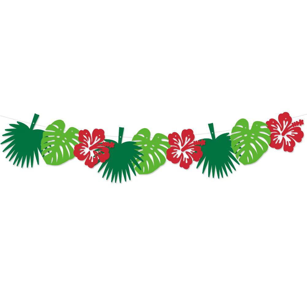 Bannière de décoration de fête hawaïenne tropicale d'été, guirlande de fleurs d'hibiscus, feuilles d