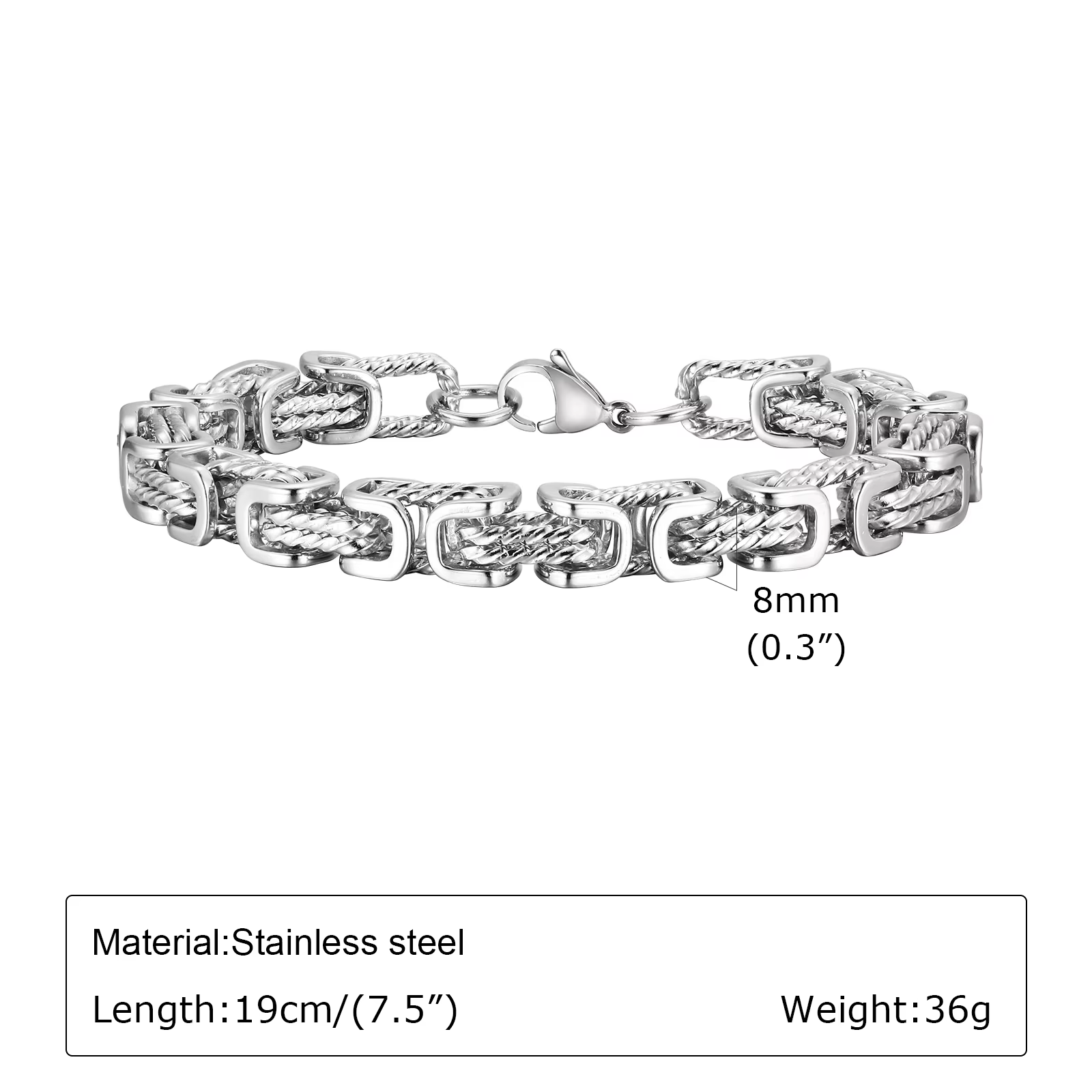 Bracelets byzantins épais pour hommes, bracelet à maillons tressés en acier inoxydable, gris rétro, 