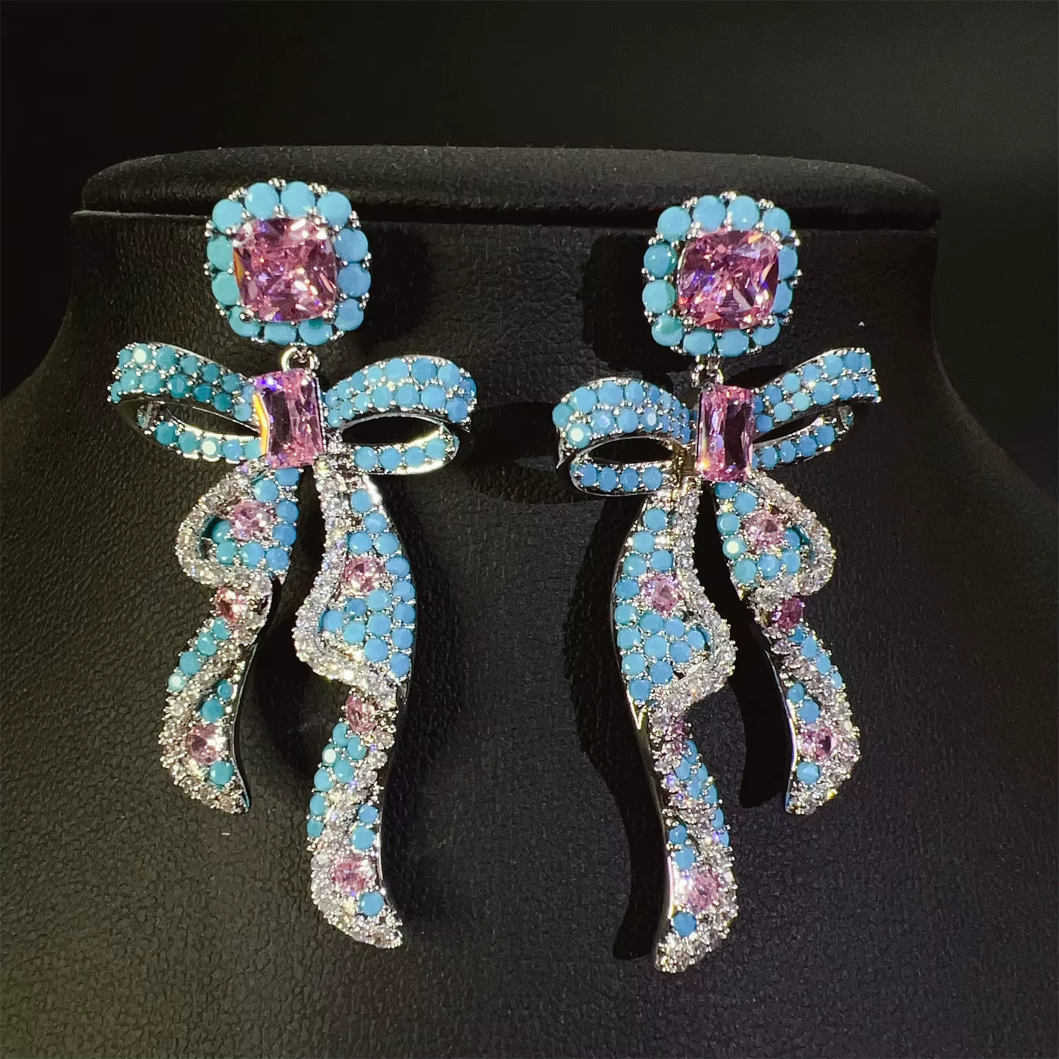 Boucles d'oreilles Vintage élégantes et luxueuses avec nœud papillon en ruban et zircon pour femmes,