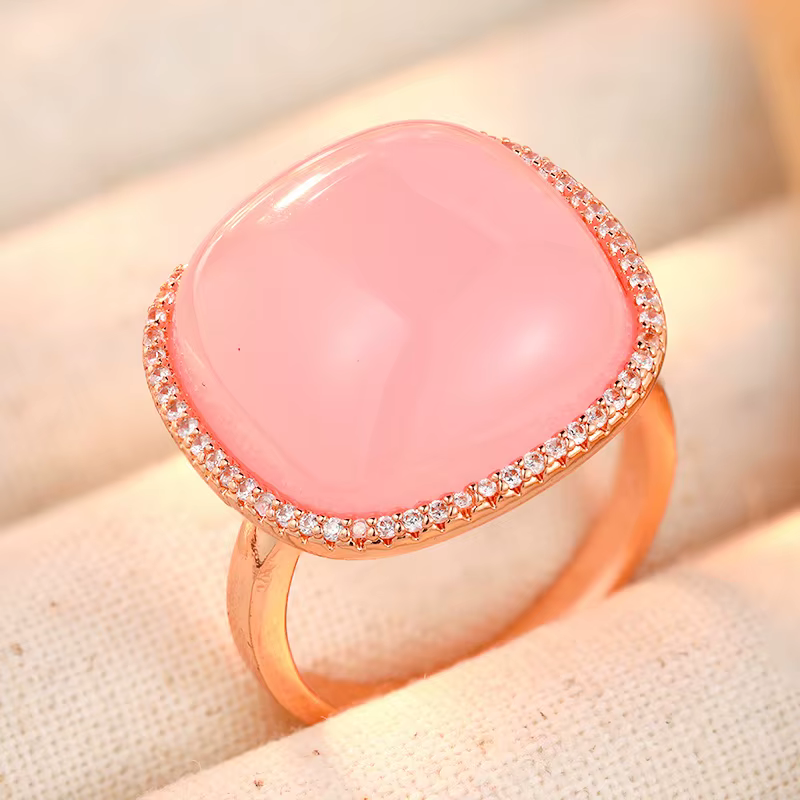 Magnifique bague pour femme incrustée de pierres roses CZ, couleur or exquise, géométrique, à porter