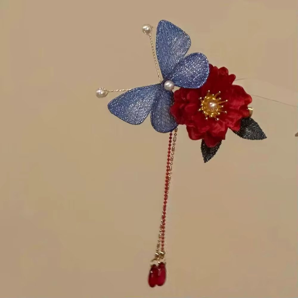 Pince à cheveux classique à pompon et fleur rouge, épingle à cheveux rétro Hanfu en perles, accessoi