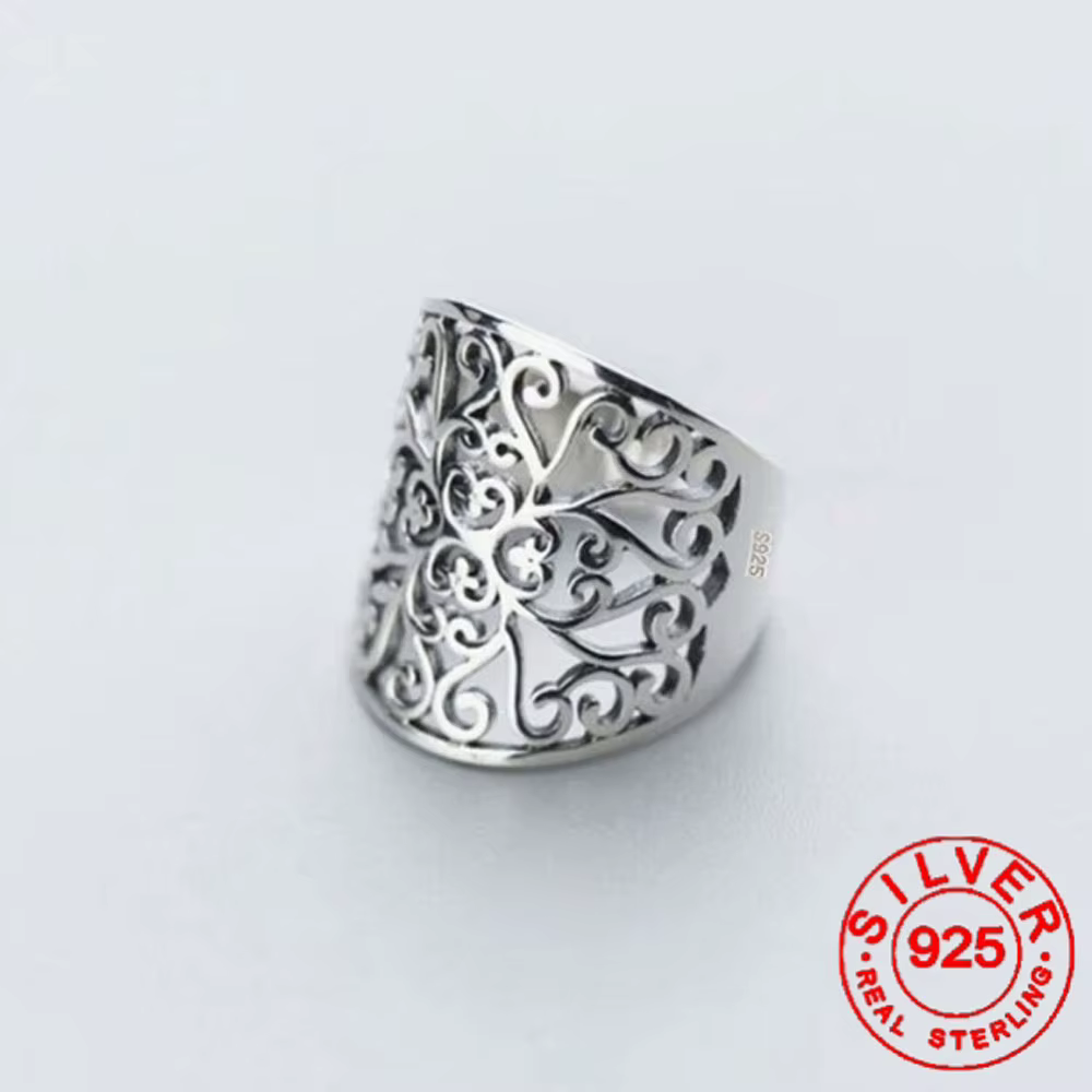 Bague Ouverte Vintage à Grande Surface Large, avec Fleurs Creuses, en Argent, Sculptée, Vente d'Usin