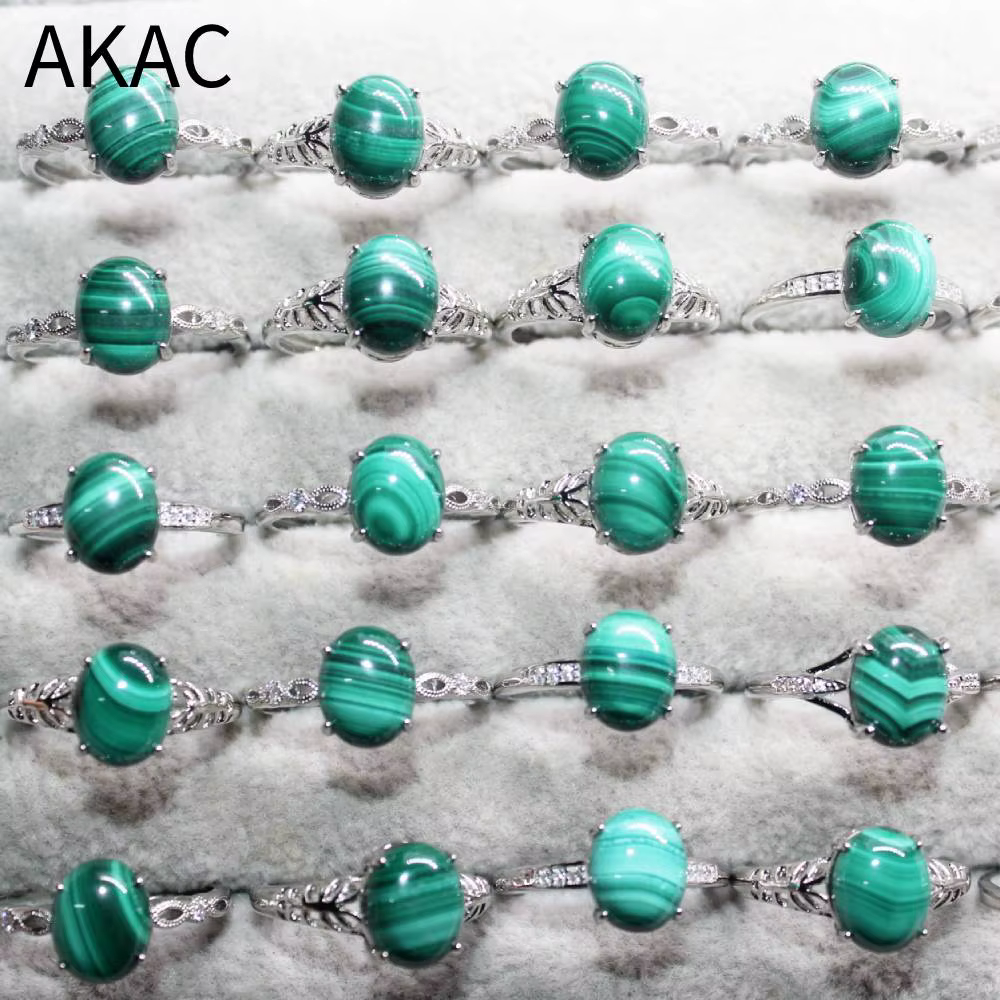 AKAC-Bague Ajustable en Cuivre Blanc pour Femme, Malachite Verte Naturelle, 5 ou 10 Anneaux, Approxi