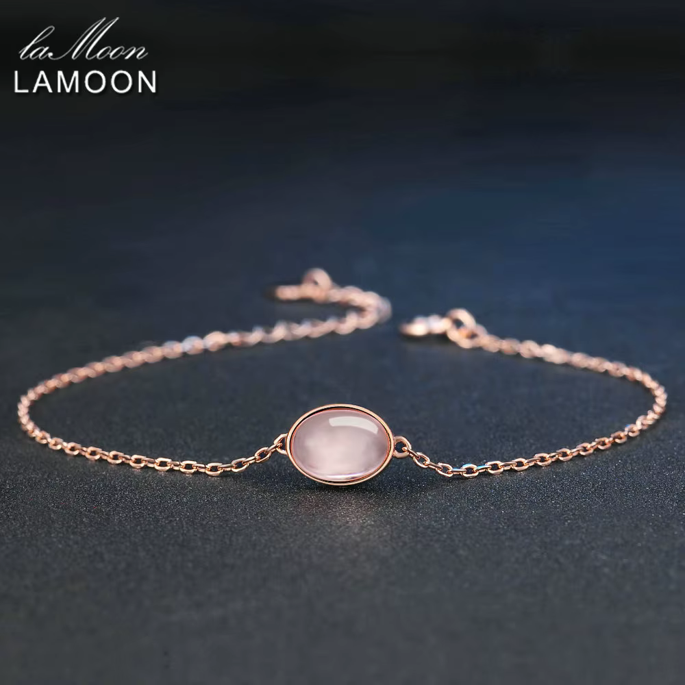 LAMOON-Bracelet Quartz Rose pour Femme, Pierre Précieuse, Argent 925, Plaqué Or Rose 18K, Bijoux Fin