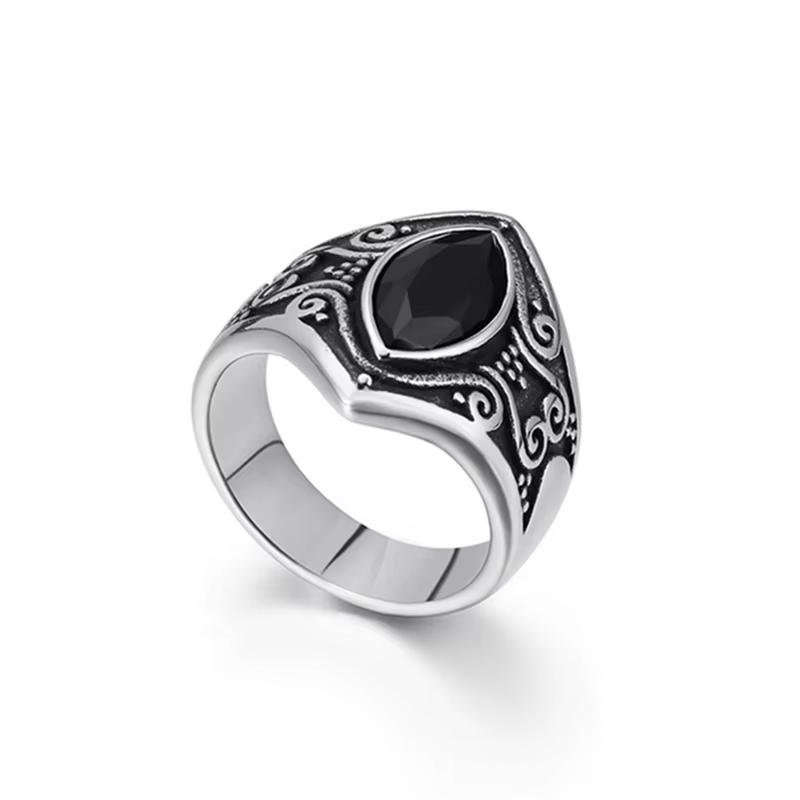 Bague en acier titane Vintage faite à la main pour hommes et femmes, couleur argent antique, ovale, 