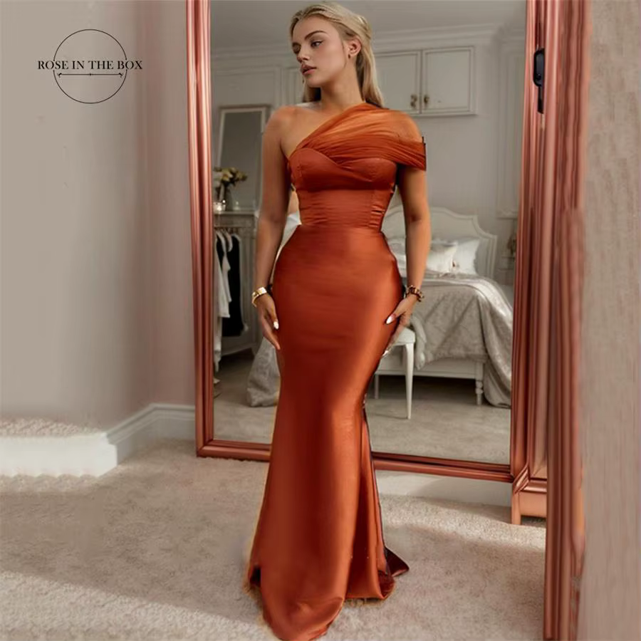 ROSEINEPROGRATION BOX-Robe de Demoiselle d'Honneur Sirène en Satin Élégante, Orange Brûlé, Longue, F