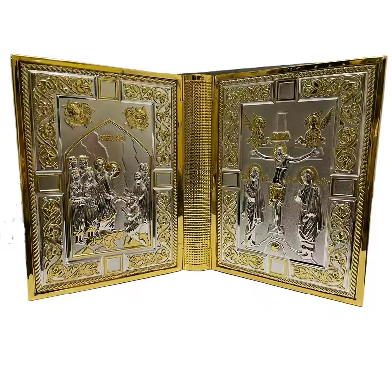 Couverture de Bible Catholique Orthodoxe Plaquée Or avec Icônes Émaillées pour Liturgie d'Église, Au