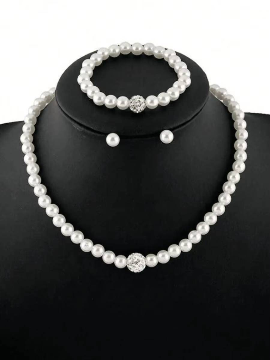 Ensemble de bijoux en fausses perles (collier, bracelet, boucles d'oreilles) – 4 pièces – Cadeau élé