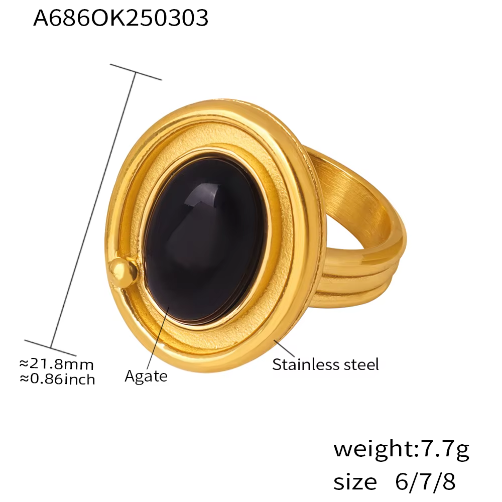 Bague en Agates naturelles noires de Style gothique pour femmes, grande bague en acier inoxydable pl