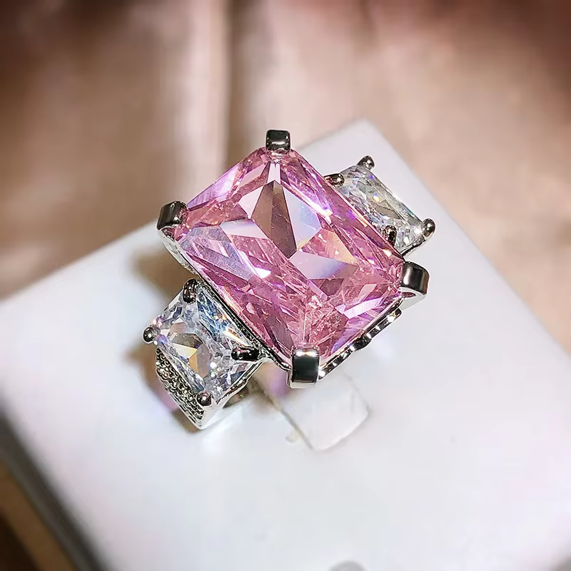 Bague de mariage en cristal rose grand carré 5A, bijoux en argent Sterling 925 pour femmes, bague de