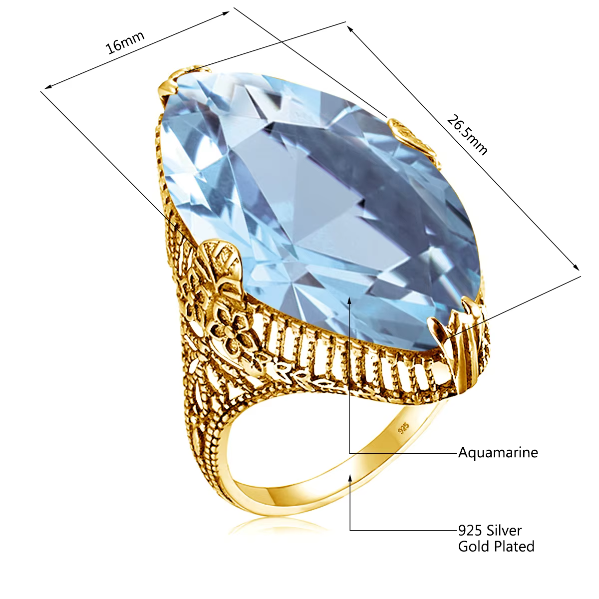 Bague de cocktail royale vintage en argent sterling 925 véritable avec grande pierre ovale en aquama