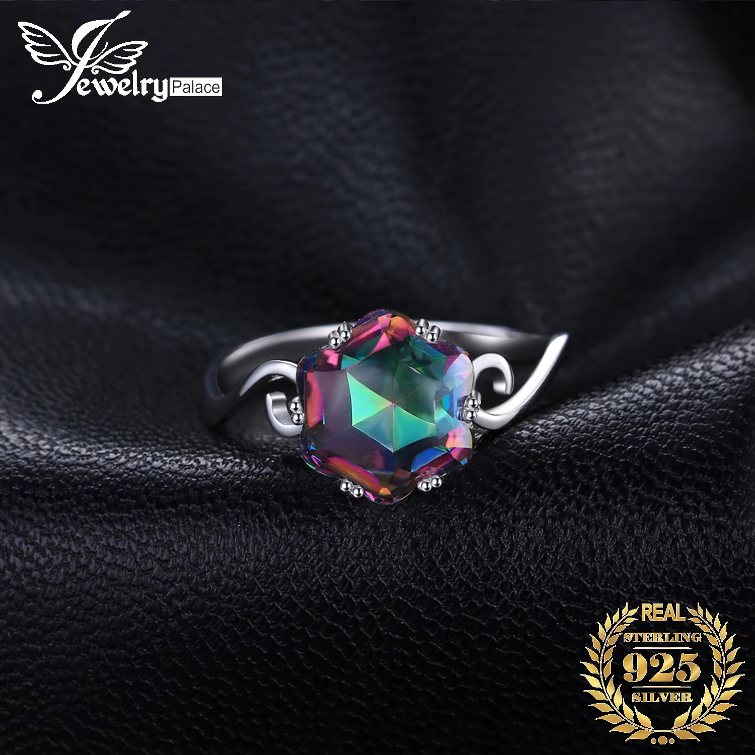 JewelryPalace fleur naturel arc-en-ciel mystique Quartz 925 bague en argent Sterling pour les femmes