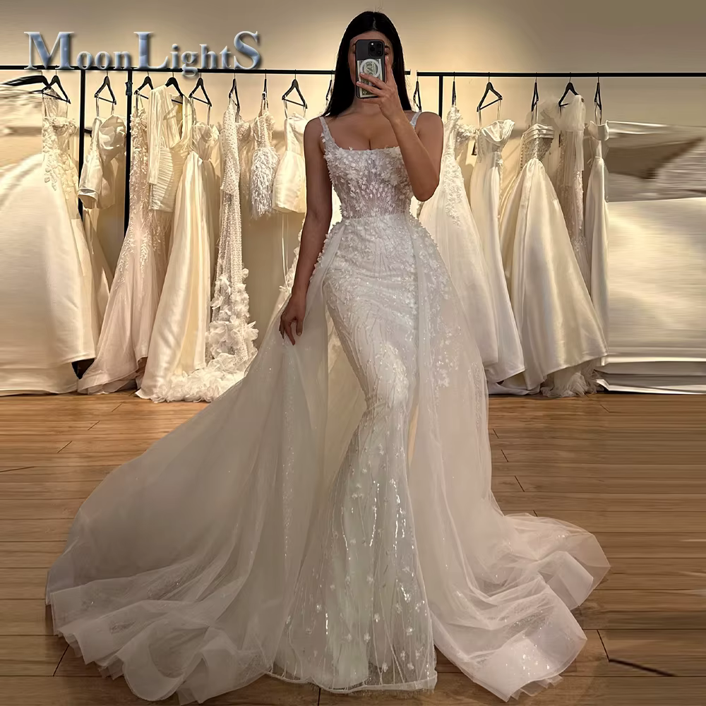 Robes de mariée opulentes au clair de lune pour Mariages Appliques col carré sirène bretelles Spaghe
