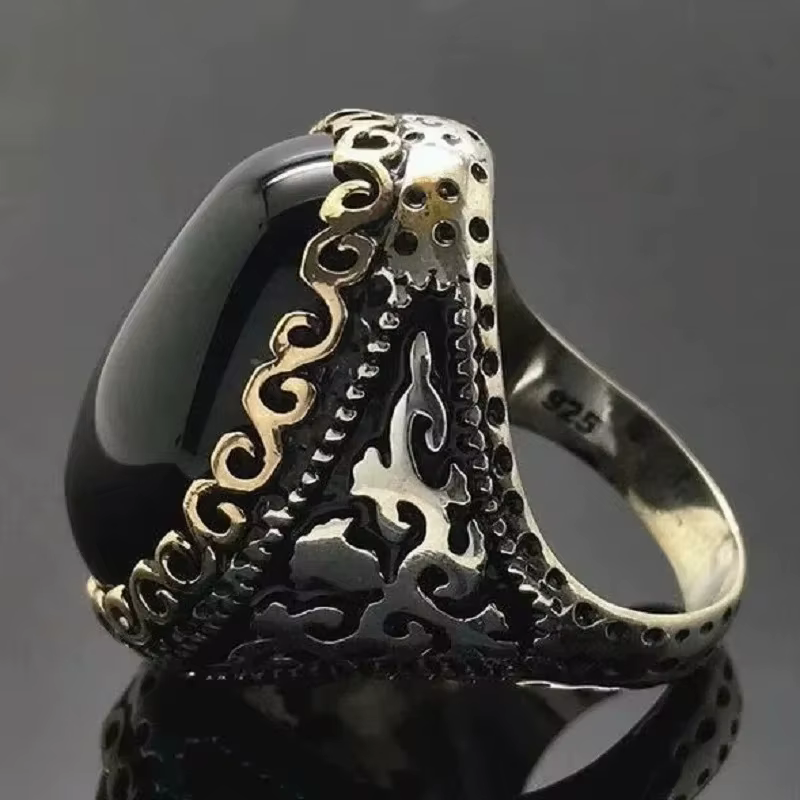 Bagues pour femmes, bijoux fins plaqués argent, style vintage, grande agate creuse de 13*18mm, bague