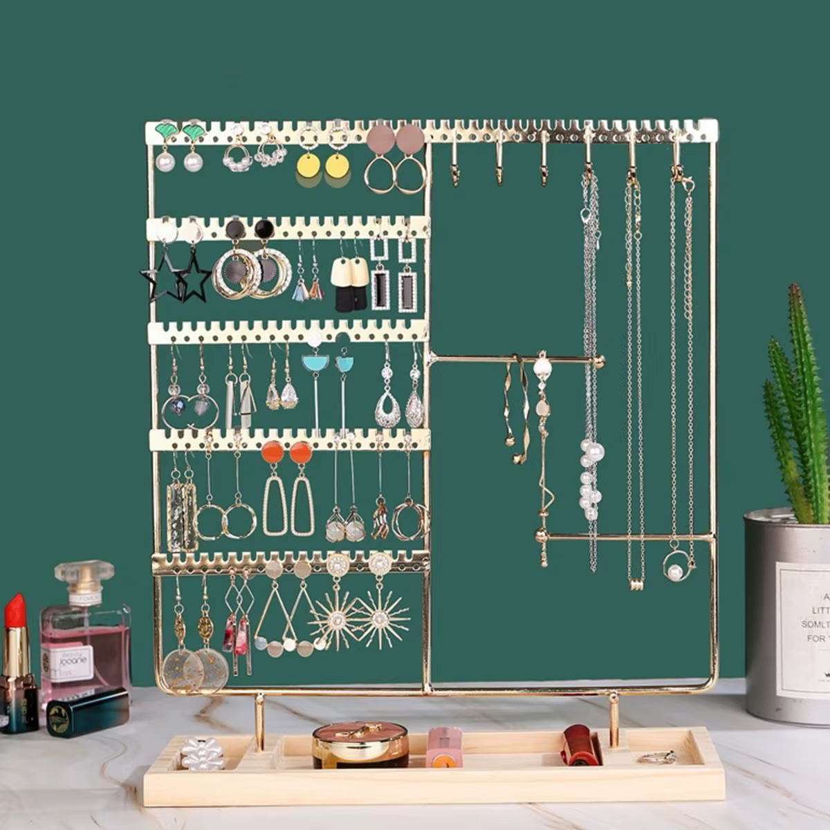 Support organisateur de bijoux en métal avec plateau en bois, rangement multifonctionnel pour boucle