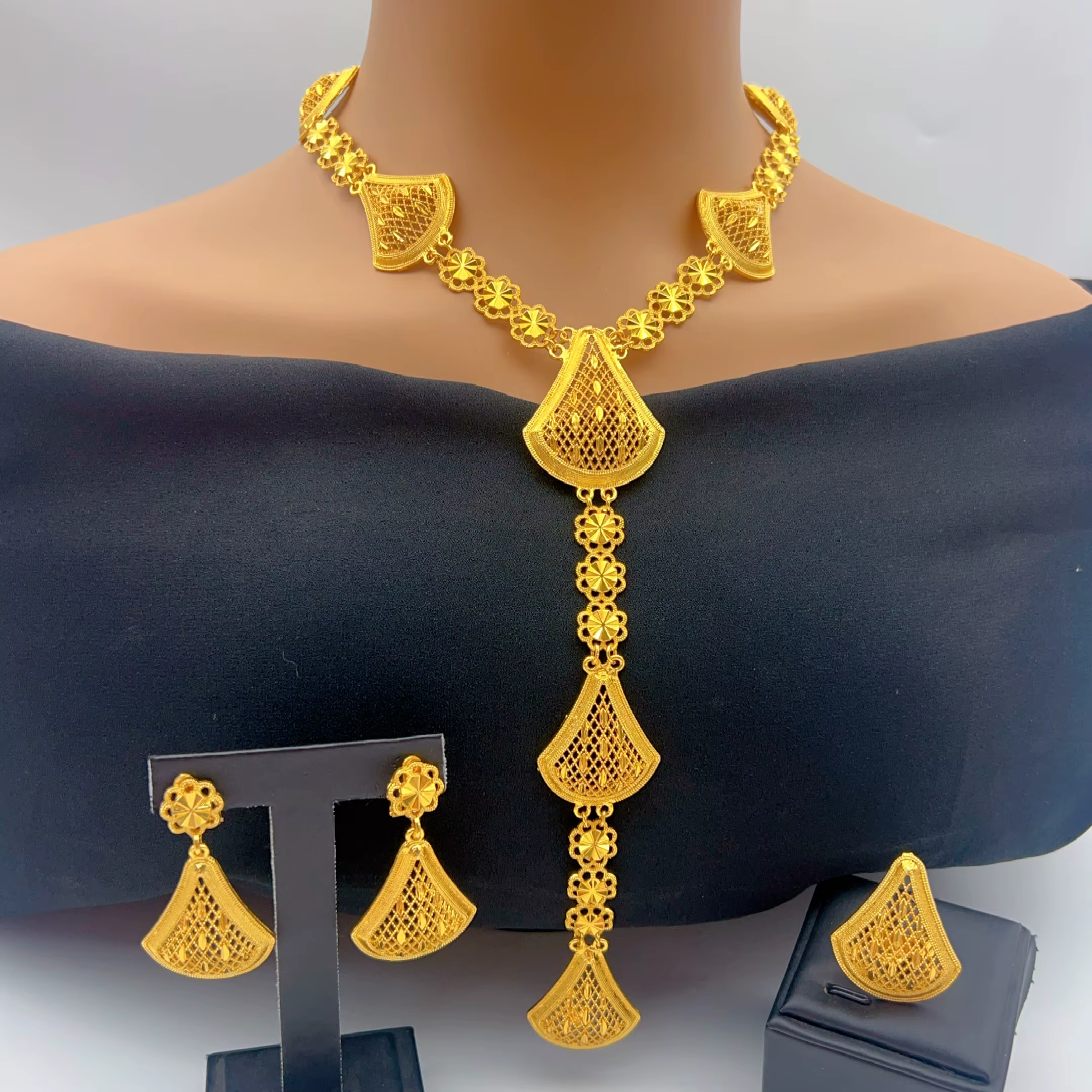 Ensemble de bijoux indiens pour mariée, collier long et boucles d'oreilles, plaqué or, pour femmes, 