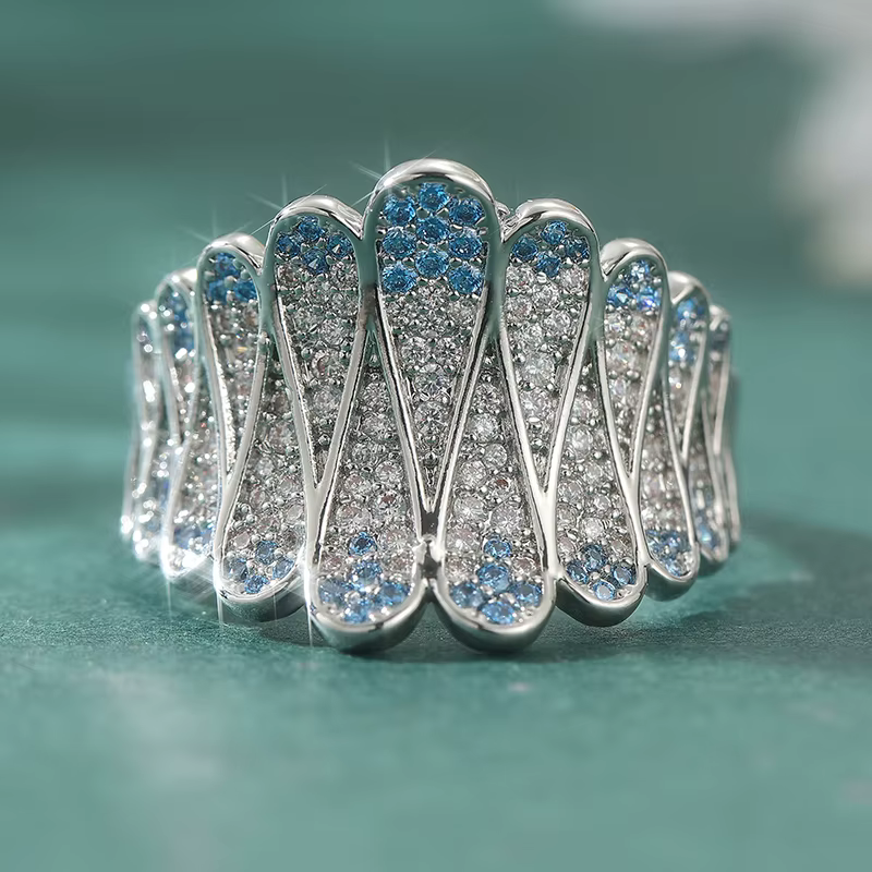 Bague de luxe scintillante incrustée de zircone synthétique bleue, plaquée argent, accessoires de bi