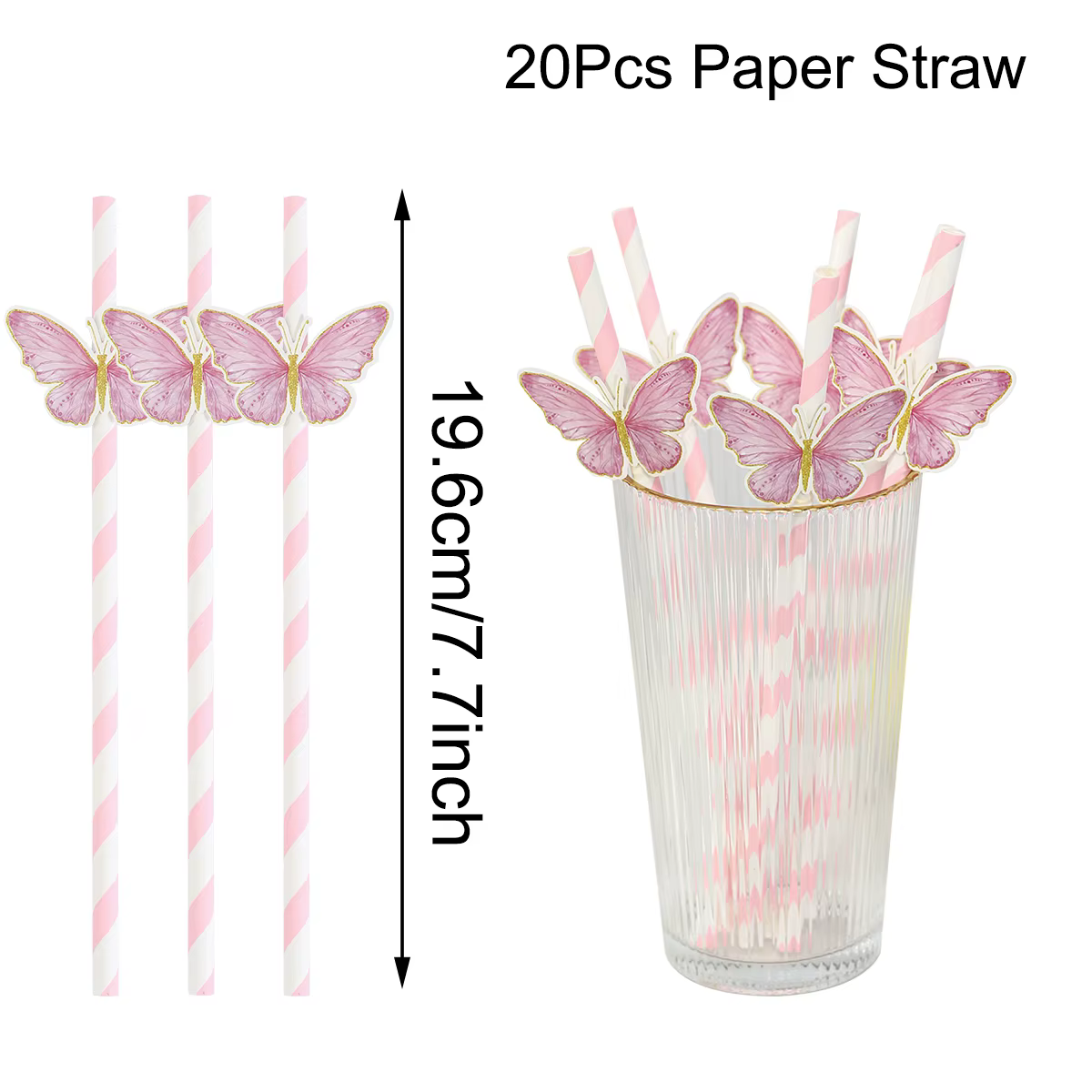 20 pailles en papier papillon rose pour décorations de mariage, anniversaire, baby shower et fournit