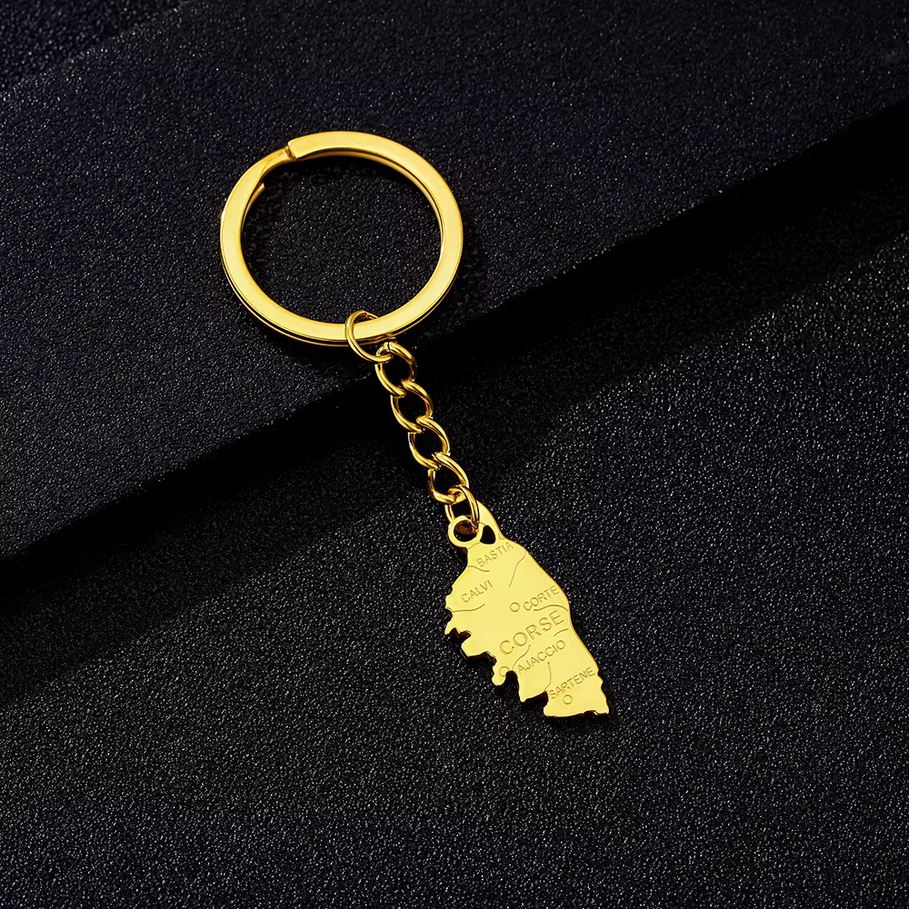 Vente chaude de 2025! Porte-clés pendentif carte de la corse de France en acier inoxydable, accessoi
